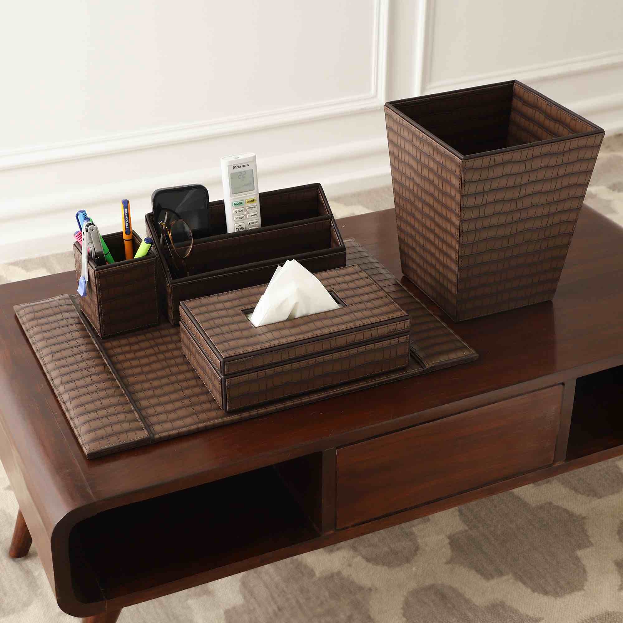 Walnut Brown Texture Faux Leather Set of 5