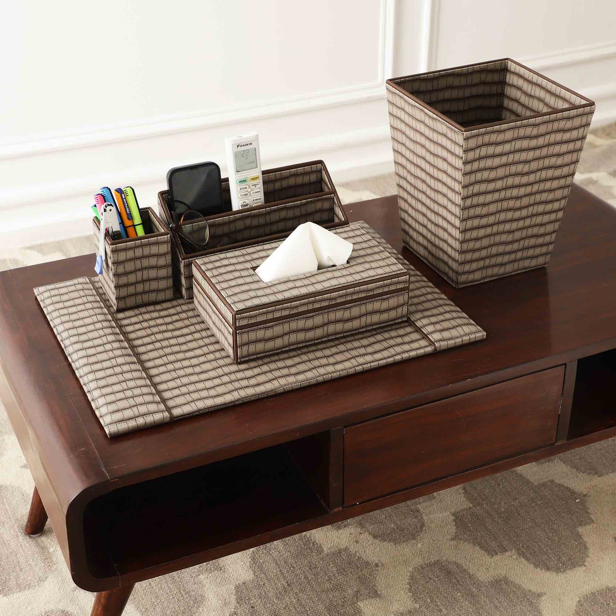 Beige Textured Faux Leather Set of 5