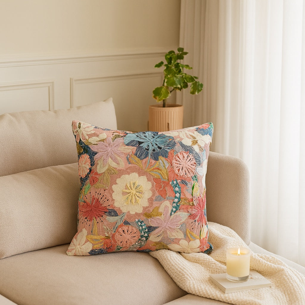 Blush Garden Embroidered Cushion w/Filler