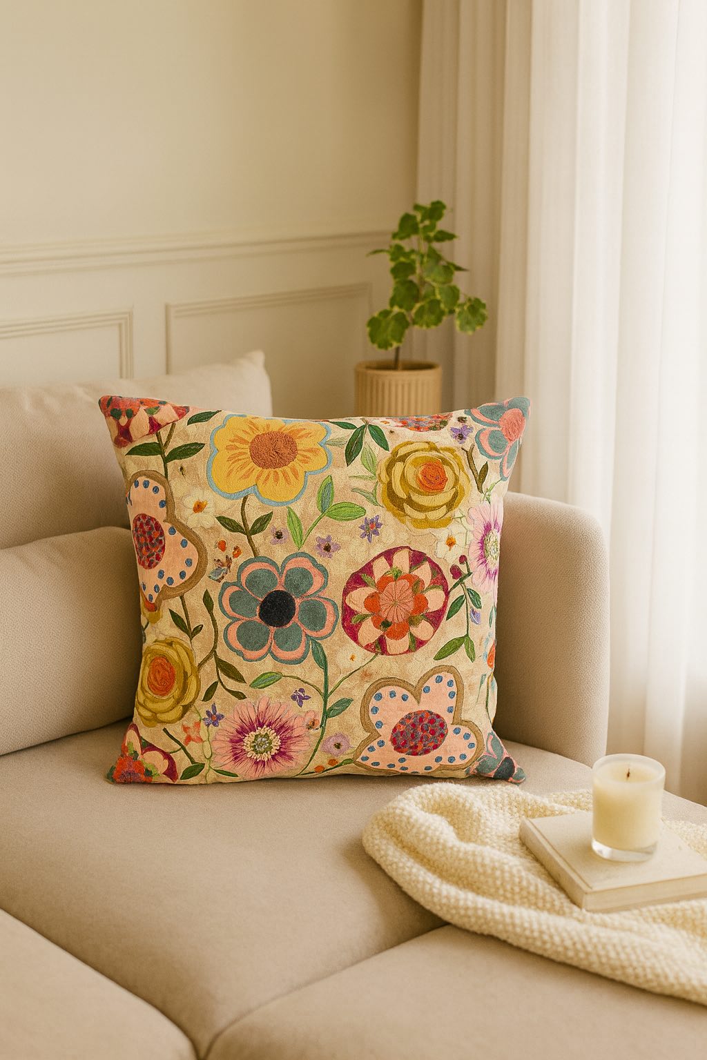 Folk Bloom Embroidered Cushion w/Filler