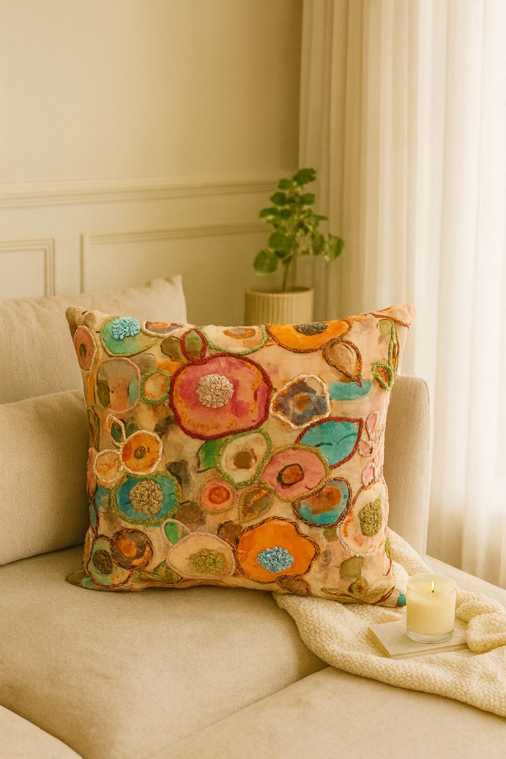 Terra Bloom Embroidered Cushion w/Filler