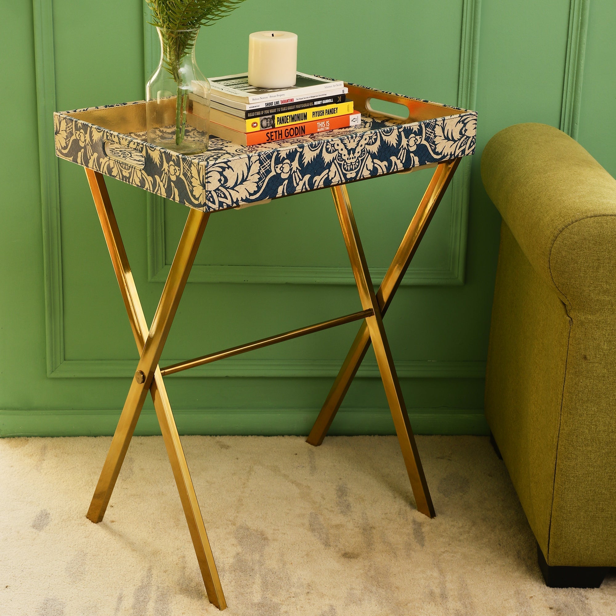 Sage Floral Printed Gold Butler Tray Table