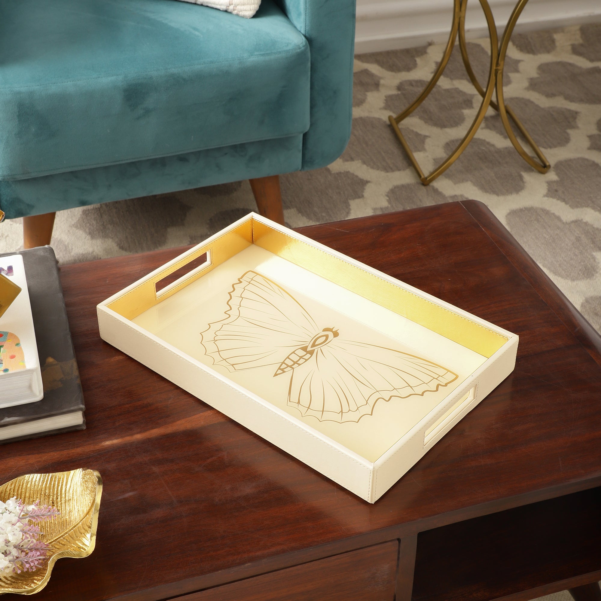 Zahara Butterfly Cream & Gold Rectangle Tray