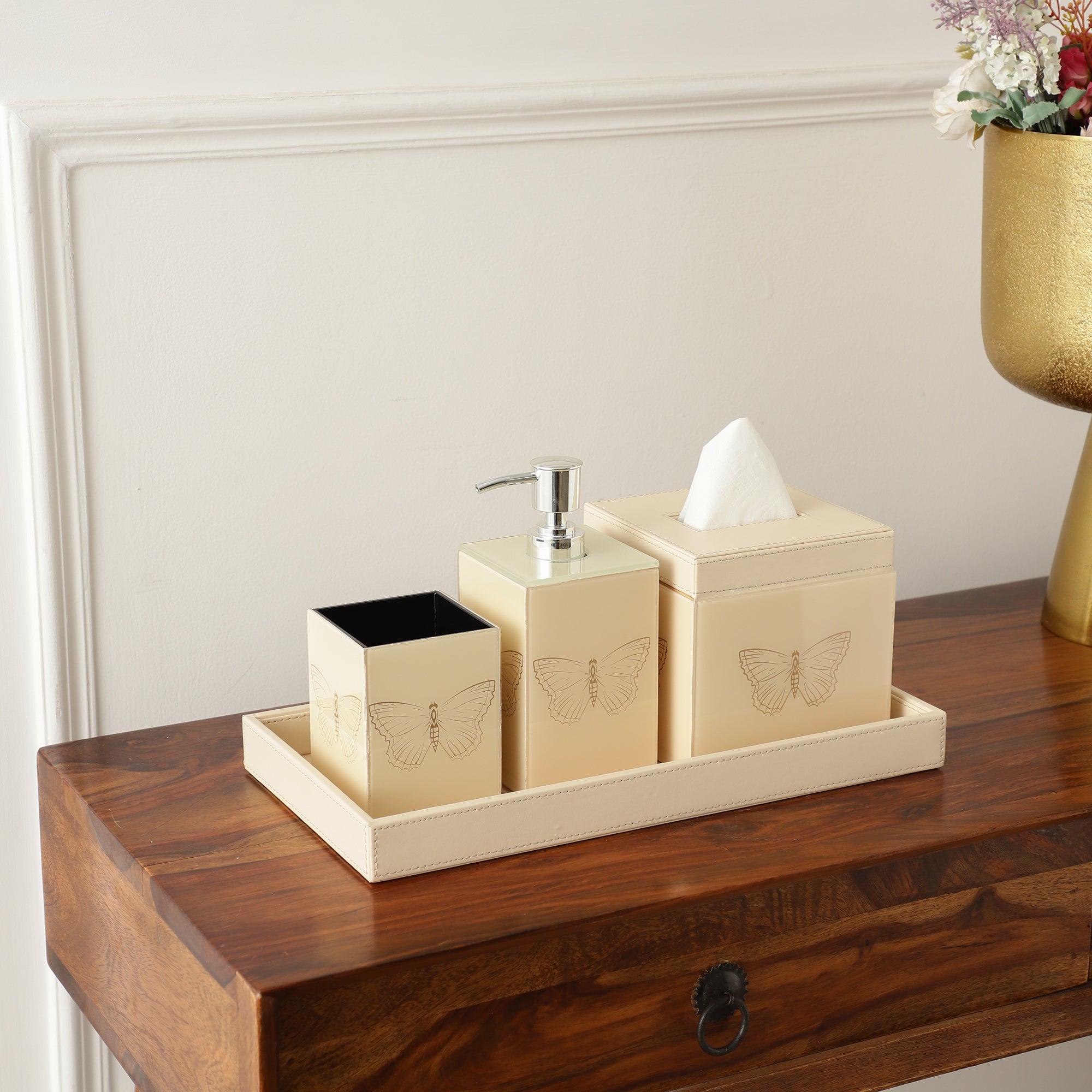 Zahara Butterfly Cream & Gold Bathroom Set