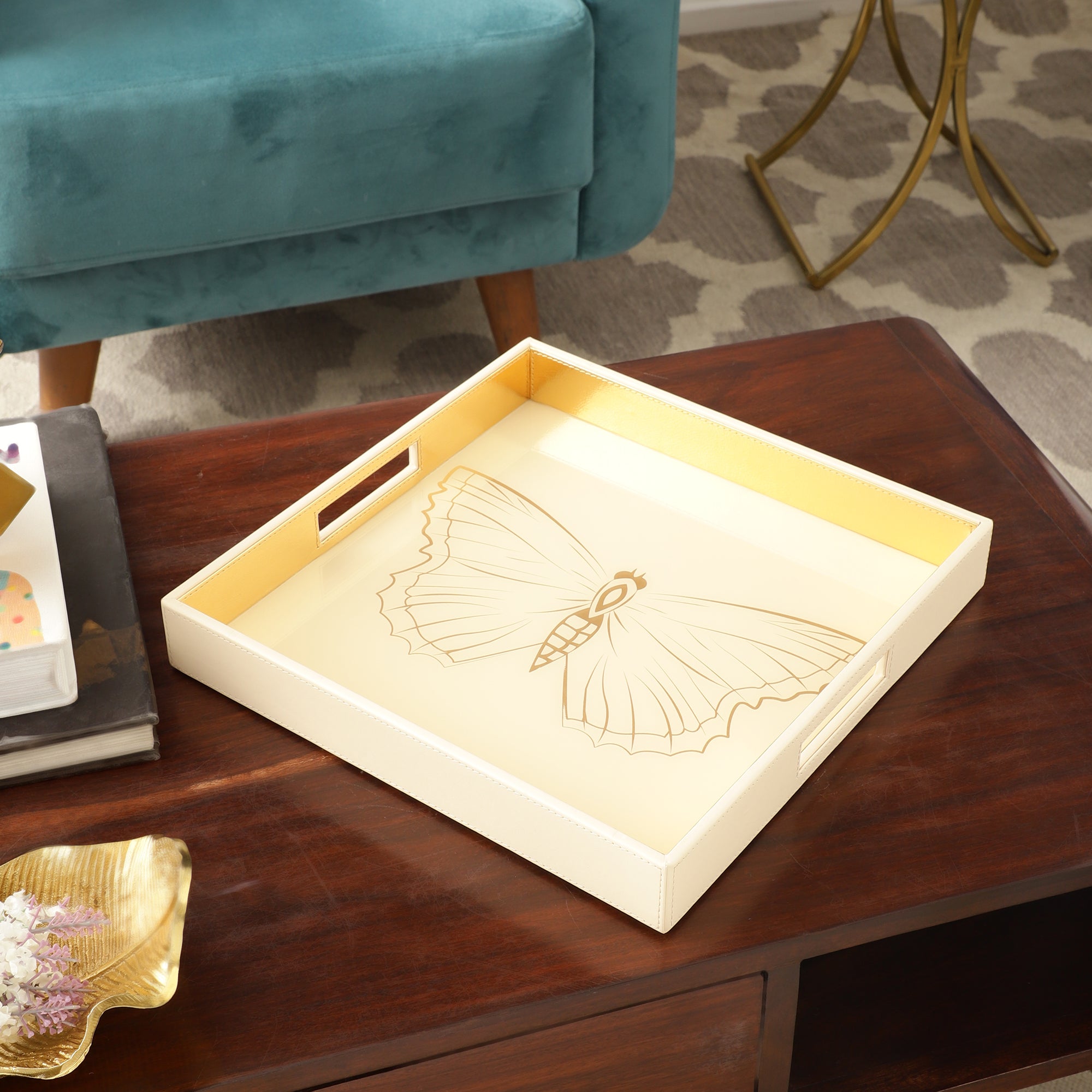 Zahara Butterfly Cream & Gold Square Tray
