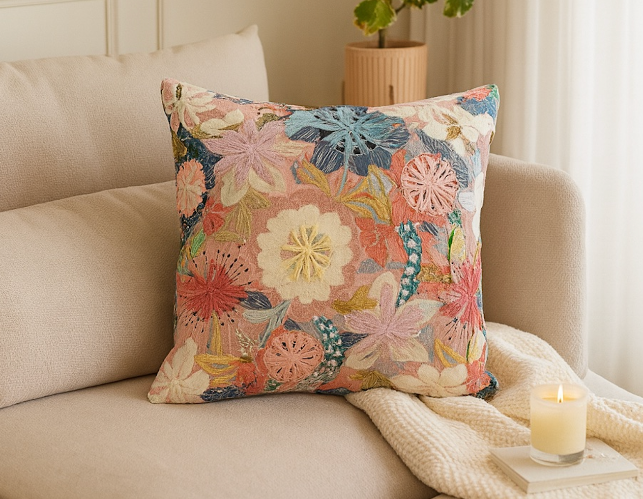 Blush Garden Embroidered Cushion w/Filler
