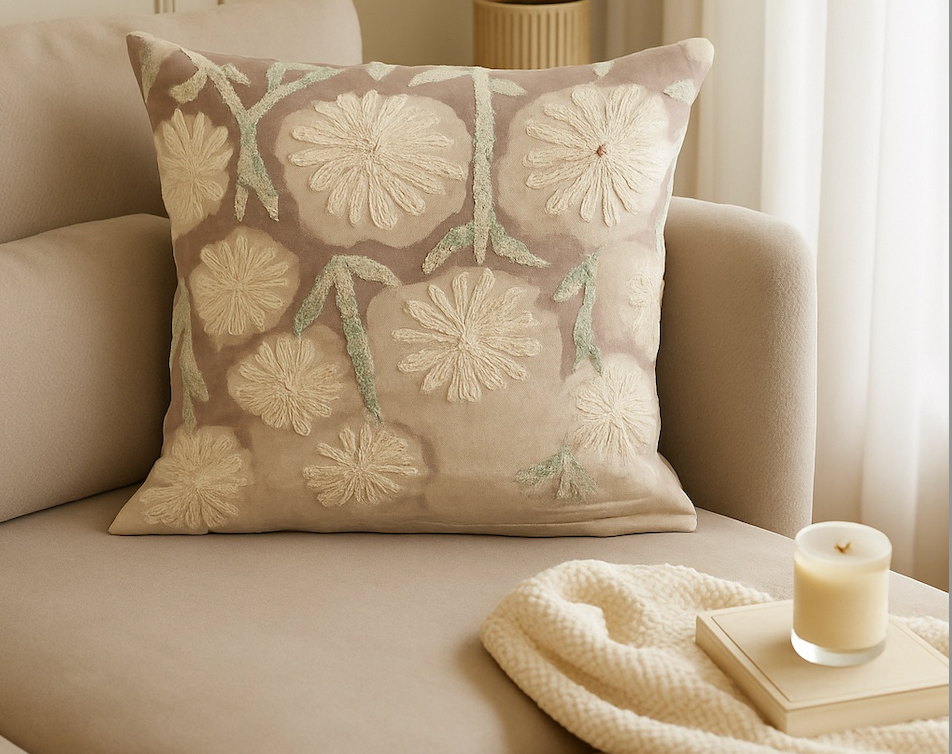 Ivory Bloom Embroidered Cushion w/Filler