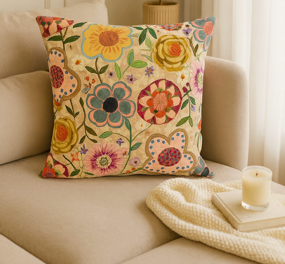 Folk Bloom Embroidered Cushion w/Filler