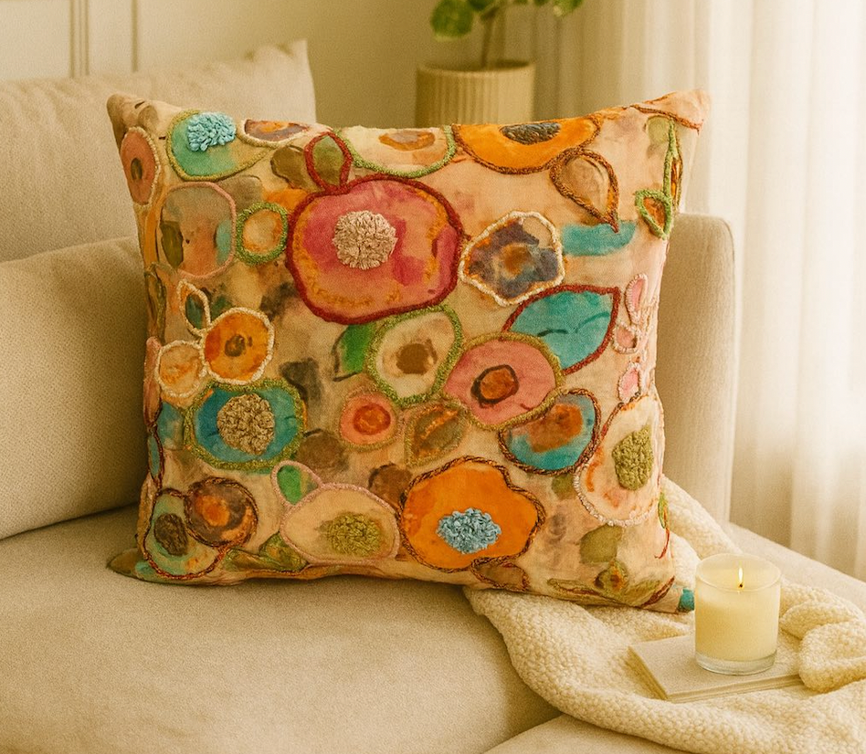 Terra Bloom Embroidered Cushion w/Filler