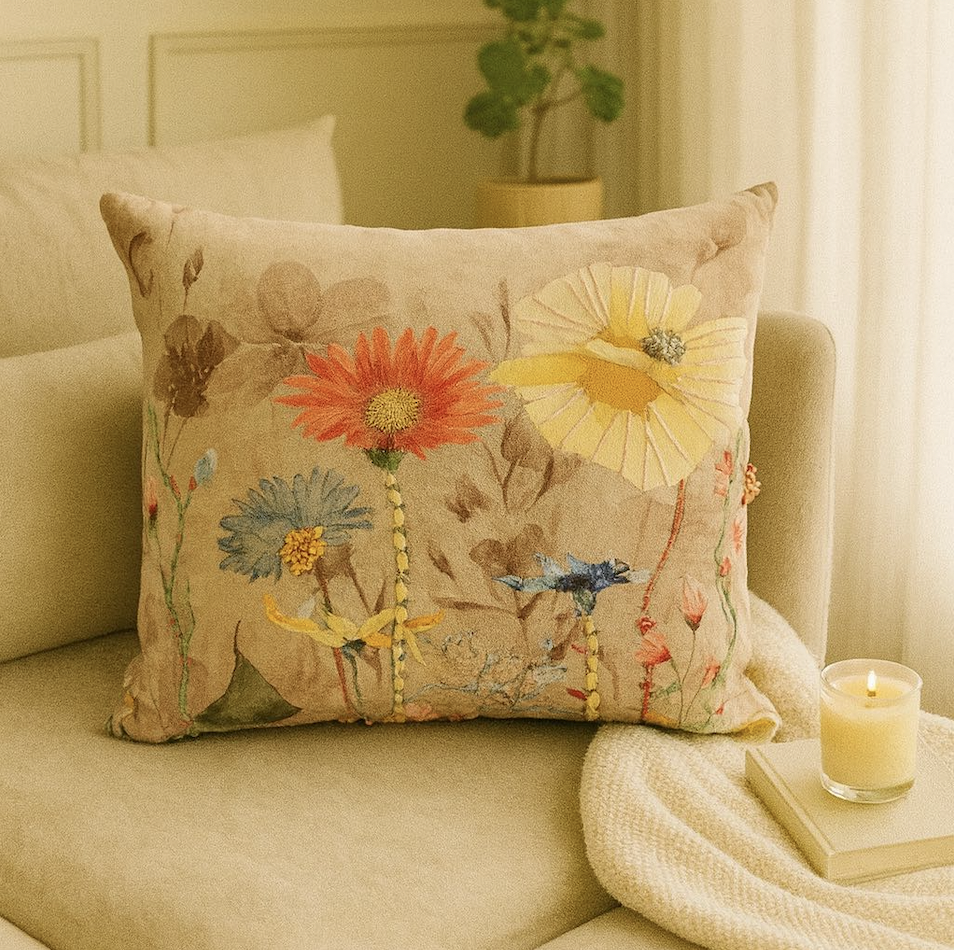 Solstice Bloom Embroidered Cushion w/Filler