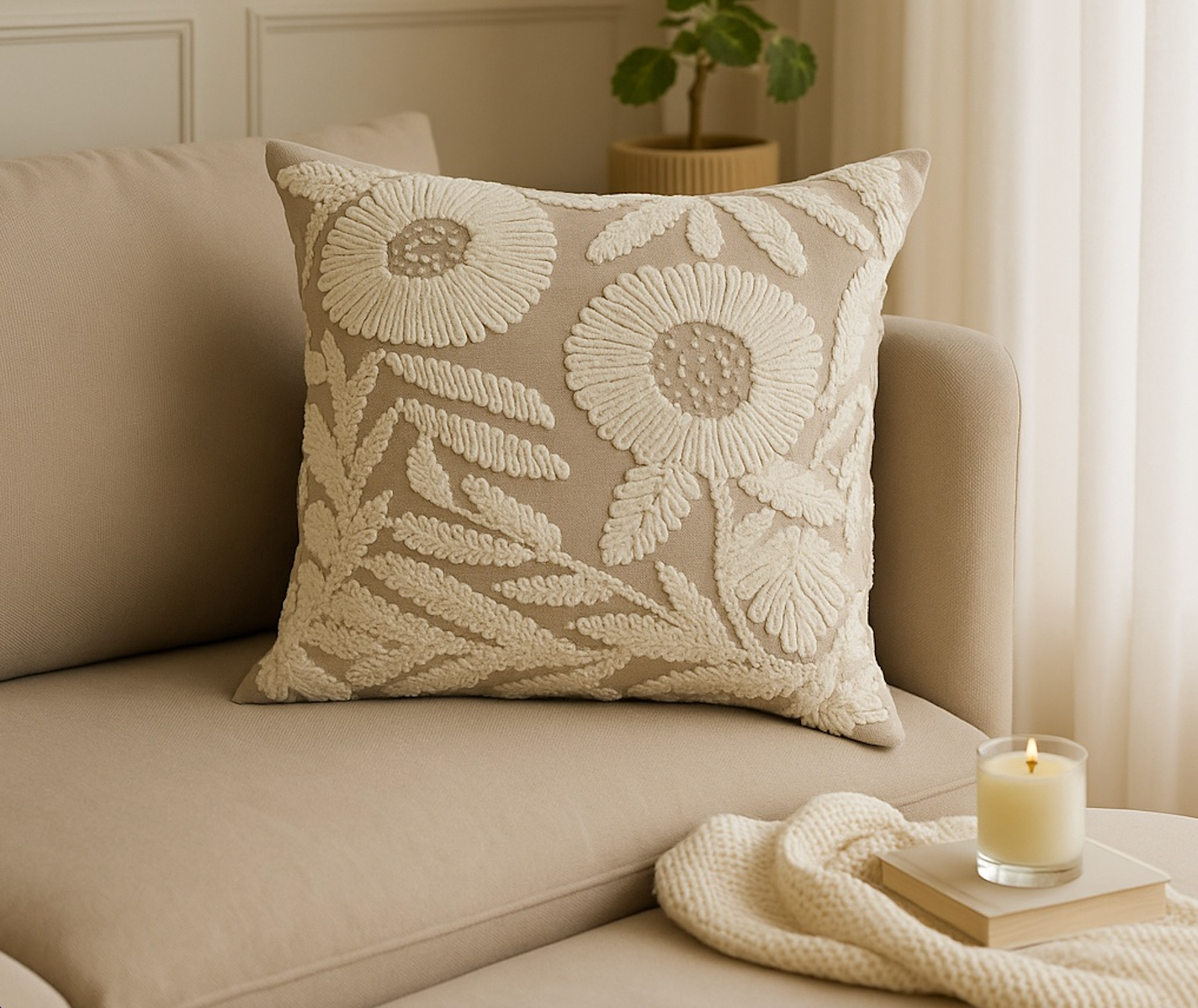Ivory Fern Embroidered Cushion w/Filler