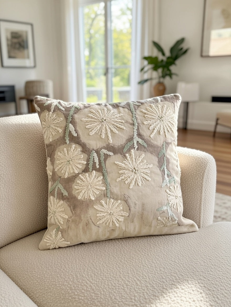 Ivory Bloom Embroidered Cushion w/Filler