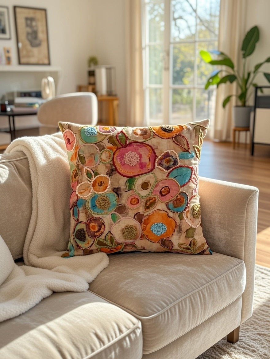 Terra Bloom Embroidered Cushion w/Filler