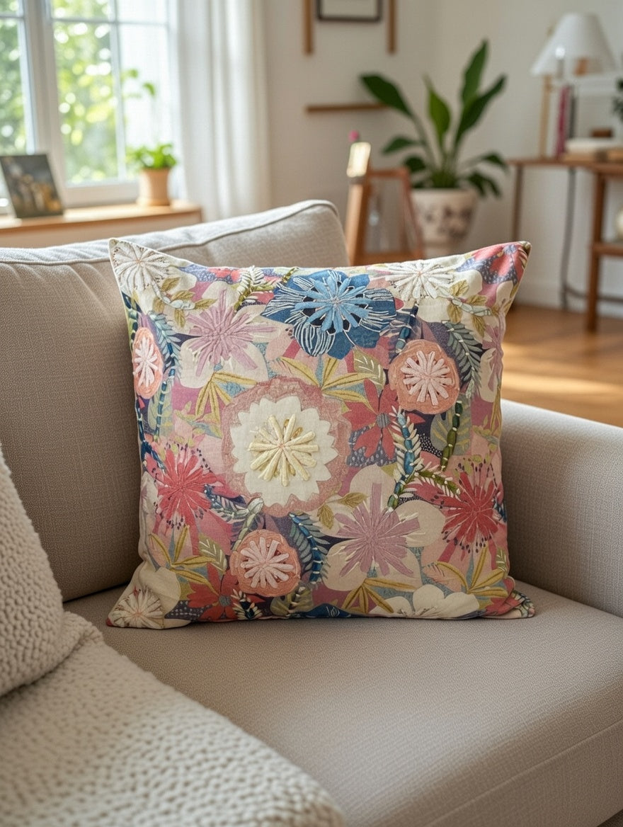 Blush Garden Embroidered Cushion w/Filler