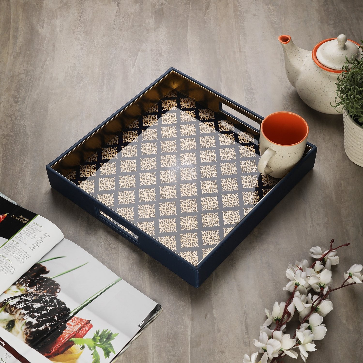 Bikaner Royal Blue Glass Printed Square Tray