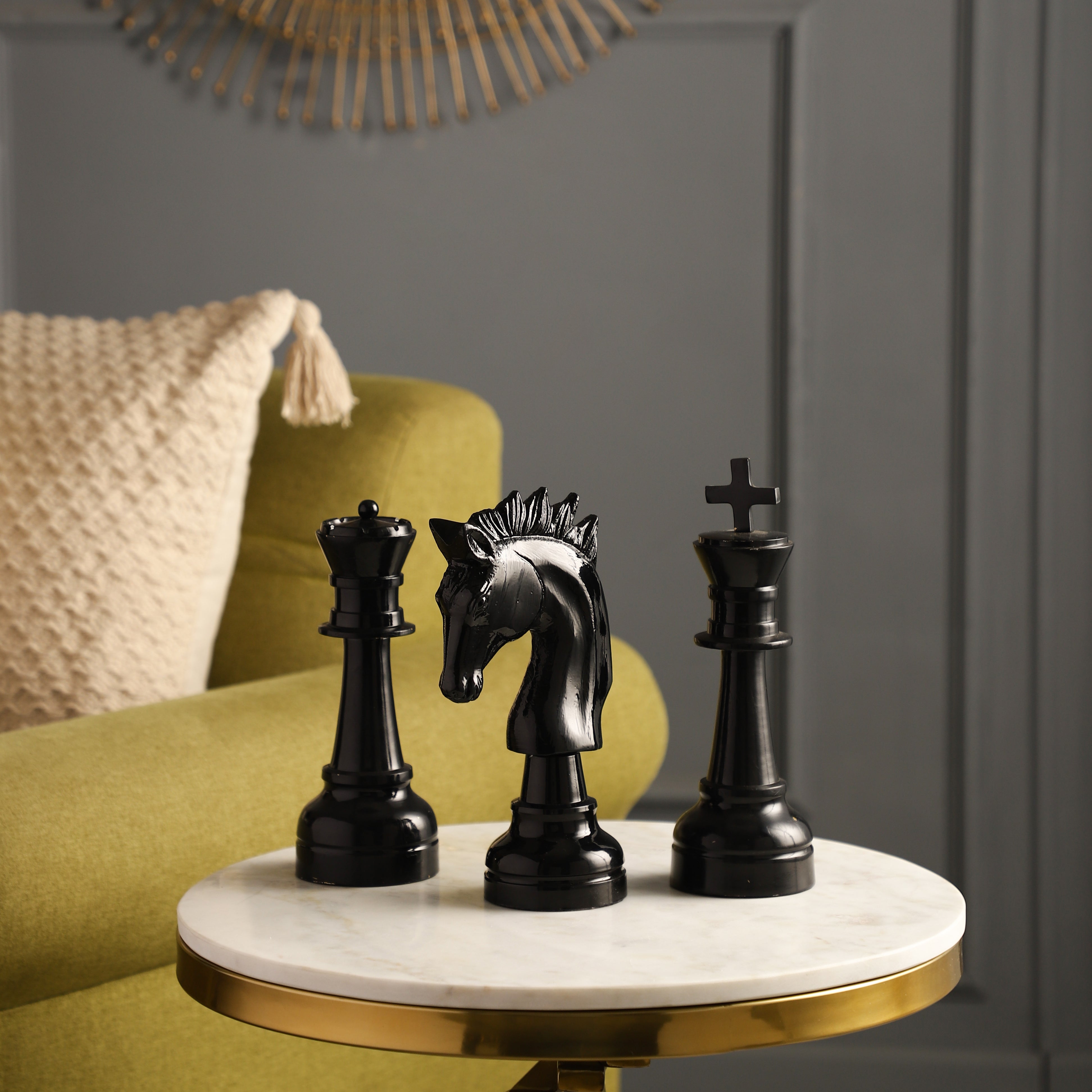 Oversized Chess Decorative Glossy Black Accent Set of 3