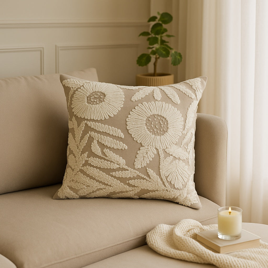 Ivory Fern Embroidered Cushion w/Filler