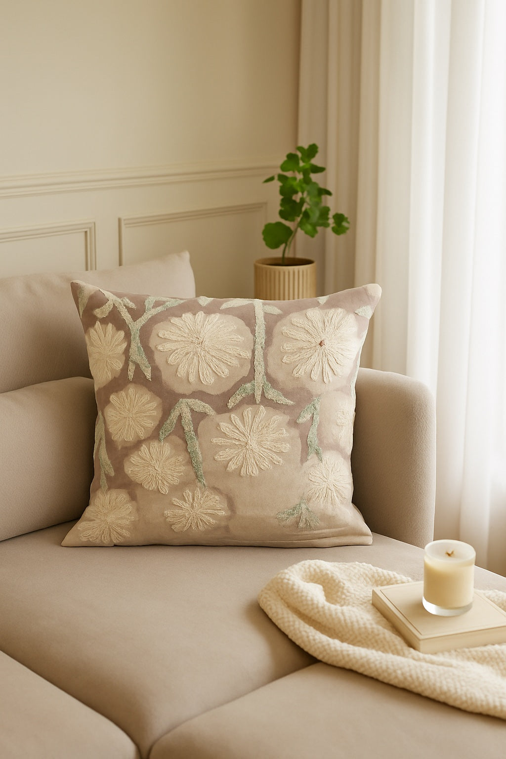 Ivory Bloom Embroidered Cushion w/Filler