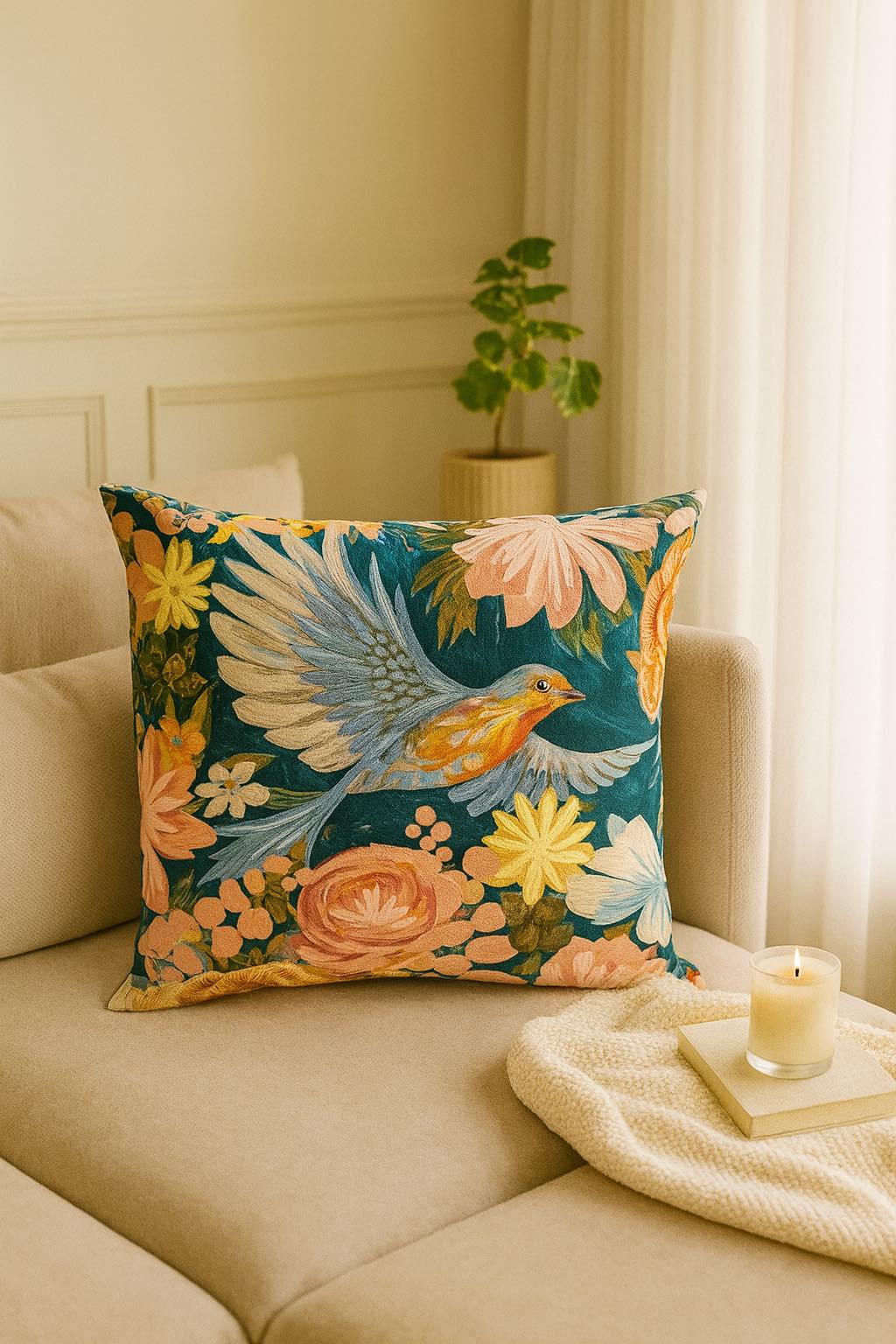 Azure Flight Embroidered Cushion w/Filler