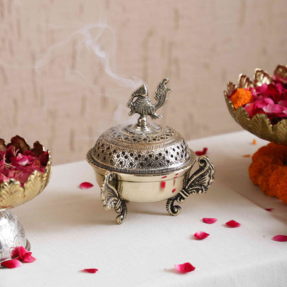 Sammsara Brass Toned Brass Peacock Incense Burner (Dhoop Dani) w/Dhoop Cones