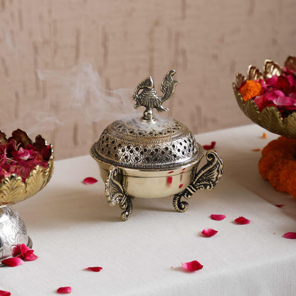 Sammsara Brass Toned Brass Peacock Incense Burner (Dhoop Dani) w/Dhoop Cones