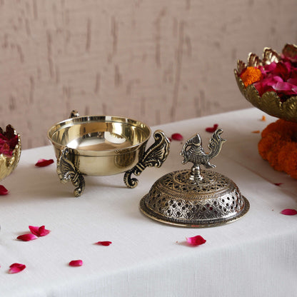 Sammsara Brass Toned Brass Peacock Incense Burner (Dhoop Dani) w/Dhoop Cones