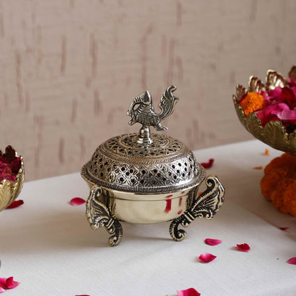 Sammsara Brass Toned Brass Peacock Incense Burner (Dhoop Dani) w/Dhoop Cones
