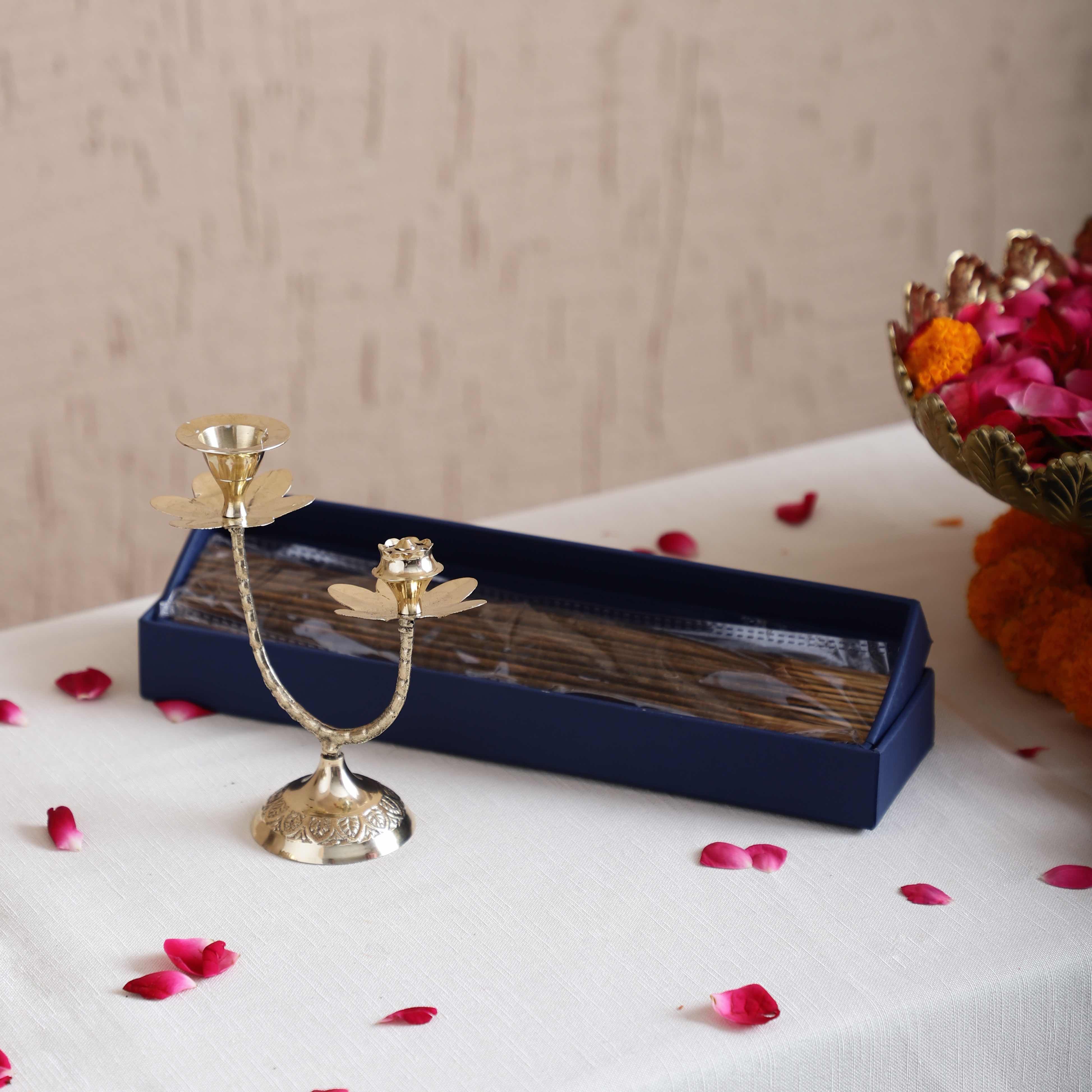 Sammsara Brass Dual Lotus Holder Gift Set with Incense Sticks