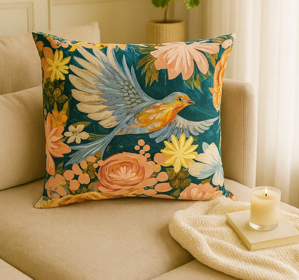 Azure Flight Embroidered Cushion w/Filler
