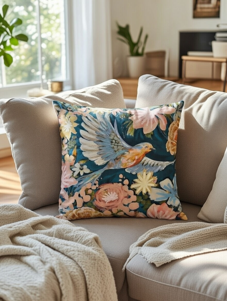 Azure Flight Embroidered Cushion w/Filler
