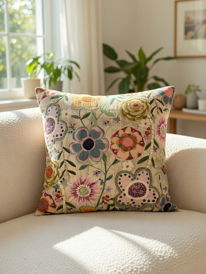 Folk Bloom Embroidered Cushion w/Filler