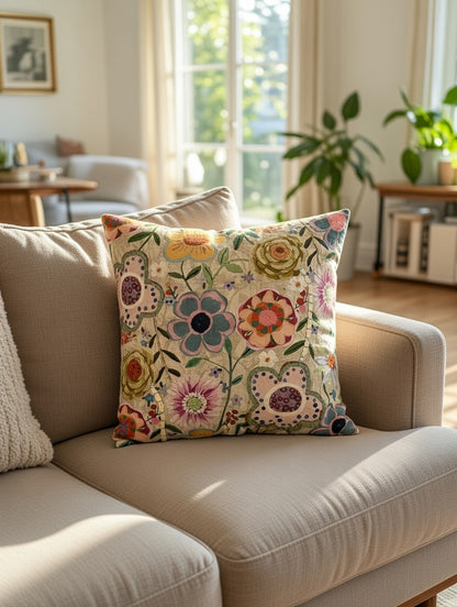 Folk Bloom Embroidered Cushion w/Filler