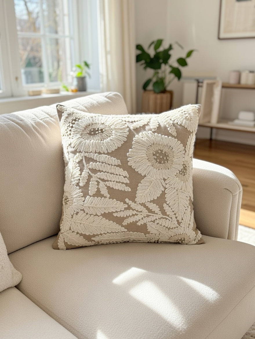 Ivory Fern Embroidered Cushion w/Filler