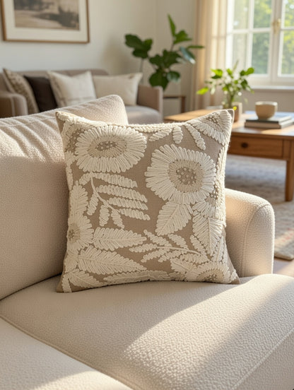 Ivory Fern Embroidered Cushion w/Filler